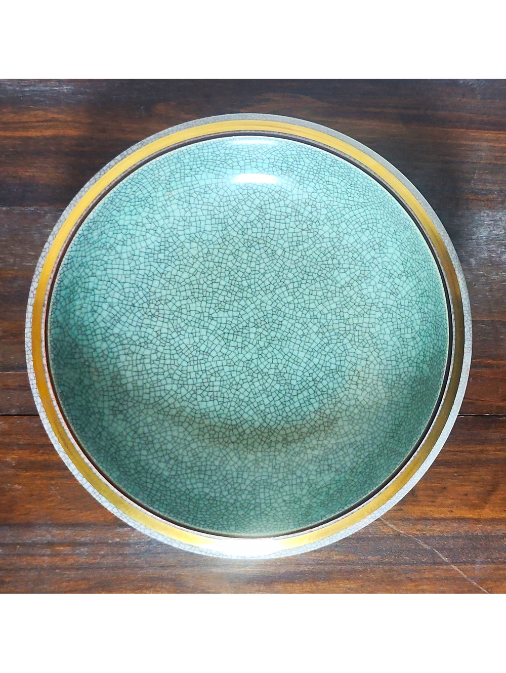 8 Inch Royal Copenhagen Thorkild Olsen Green Crackle Glaze Plate, Gold Rim